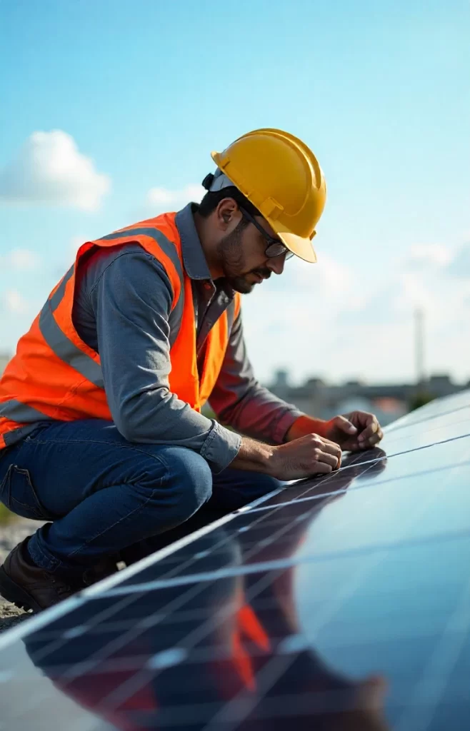 Technician working on solar panel
